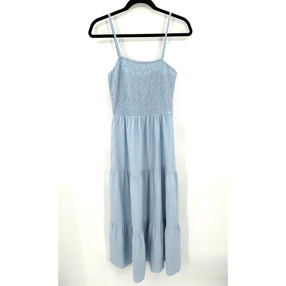 PRETTYGARDEN Smocked Tiered Maxi Dress Light Blue Square Neck Boho Cottage Small